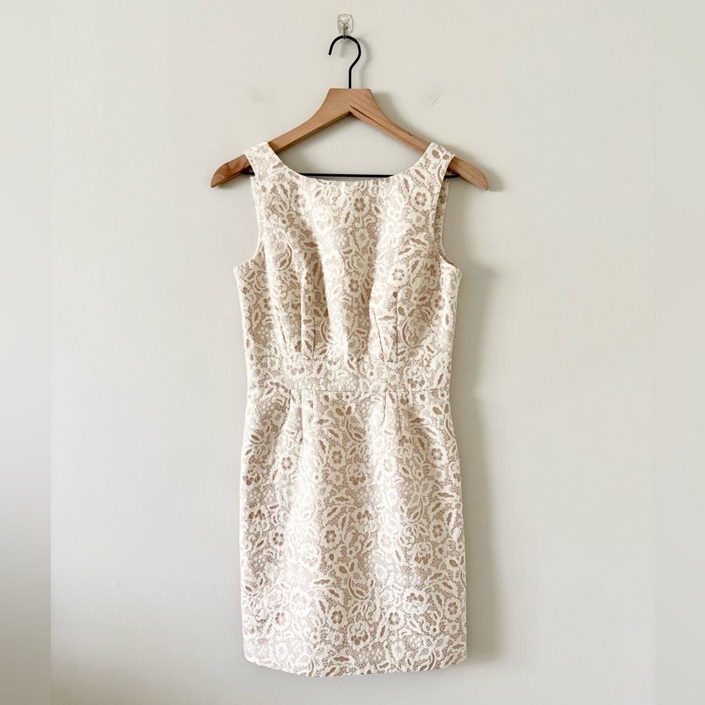 Megan Masters Bridal Low Back Sheath Dress in Champagne & Cream Lace Jacquard 2